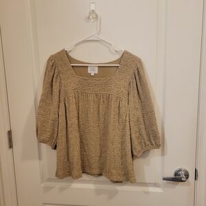 Square-Neck Textured Peasant Blouse in Beige